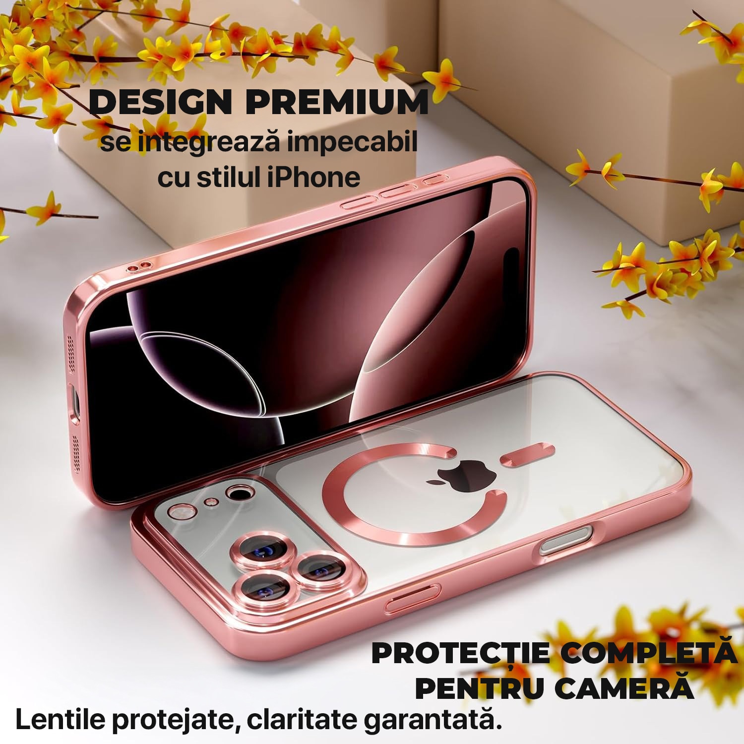 Husa pentru iPhone 17 Pro Max DaDen MagSafe Luxury, Antisoc, Protectie Camera, Margini Metalizate, Transparenta cu Margini Rose Gold