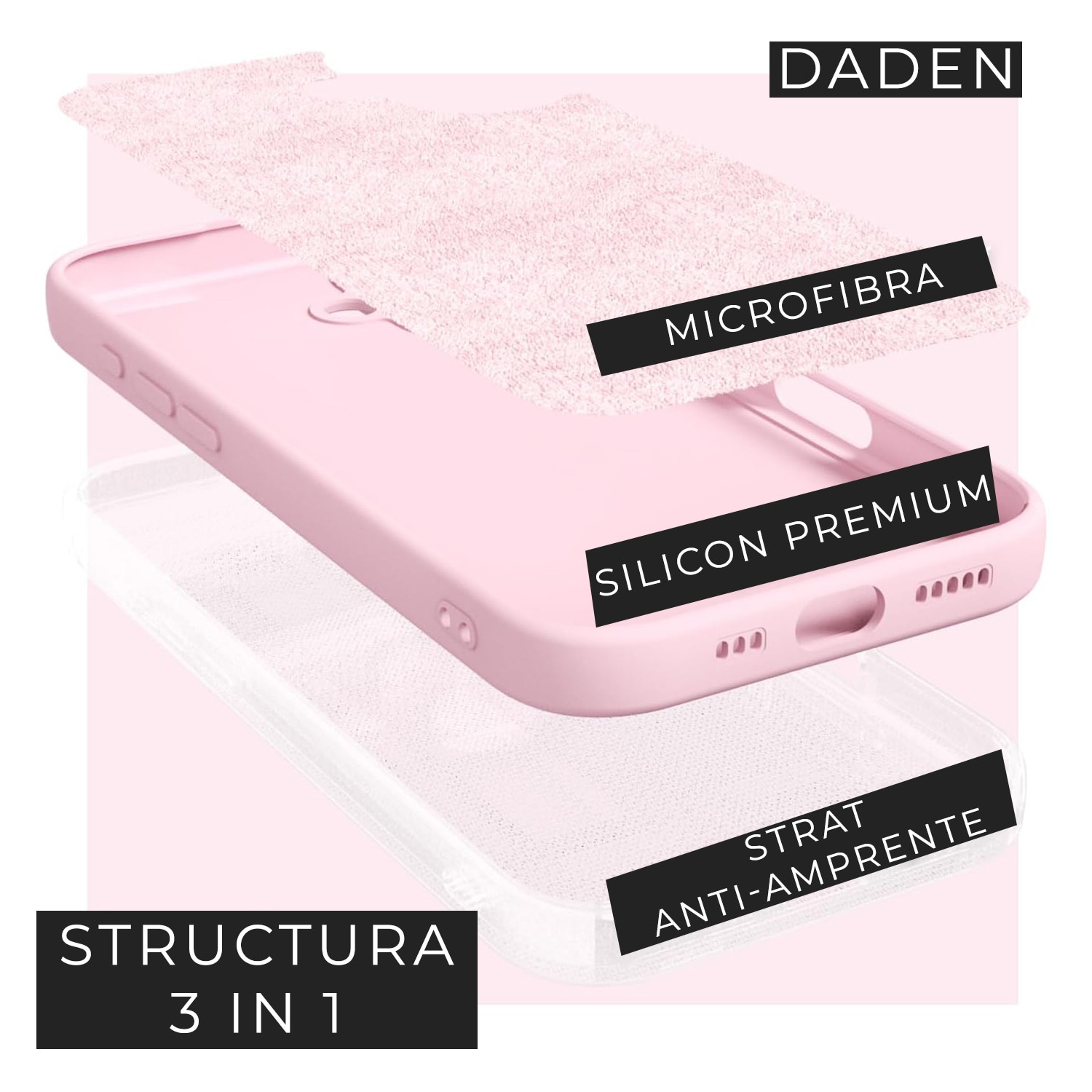 Husa pentru iPhone 17 DaDen®, Ultra Slim, Silicon, Calitate Premium, Interior din microfibra, Roz