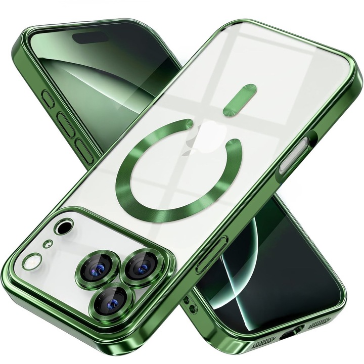 Husa pentru iPhone 17 Pro Max DaDen MagSafe Luxury, Antisoc, Protectie Camera, Margini Metalizate, Transparenta cu Margini Verzi