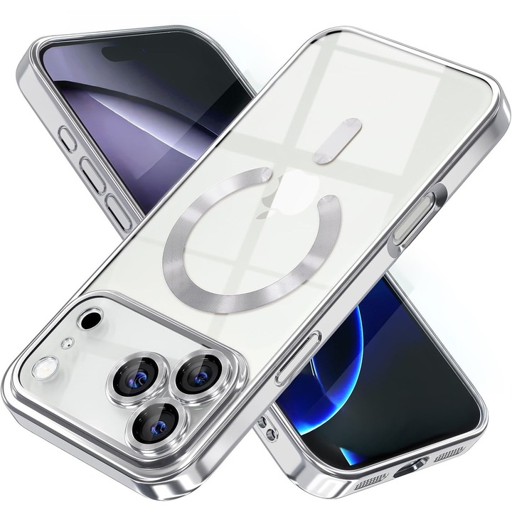 Калъф за iPhone 17 Pro DaDen MagSafe Luxury, Противоударен, Защита на камерата, Метализирани ръбове, Прозрачен със сребристи ръбове
