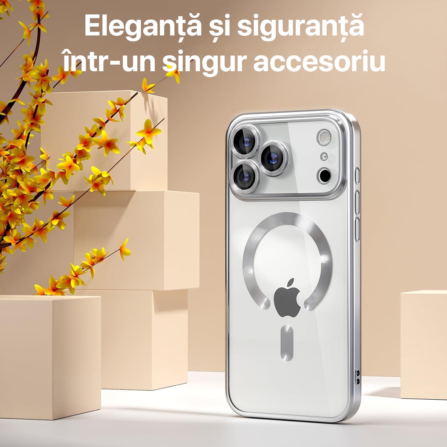 Husa pentru iPhone 17 Pro Max DaDen MagSafe Luxury, Antisoc, Protectie Camera, Margini Metalizate, Transparenta cu Margini Argintii/ Silver