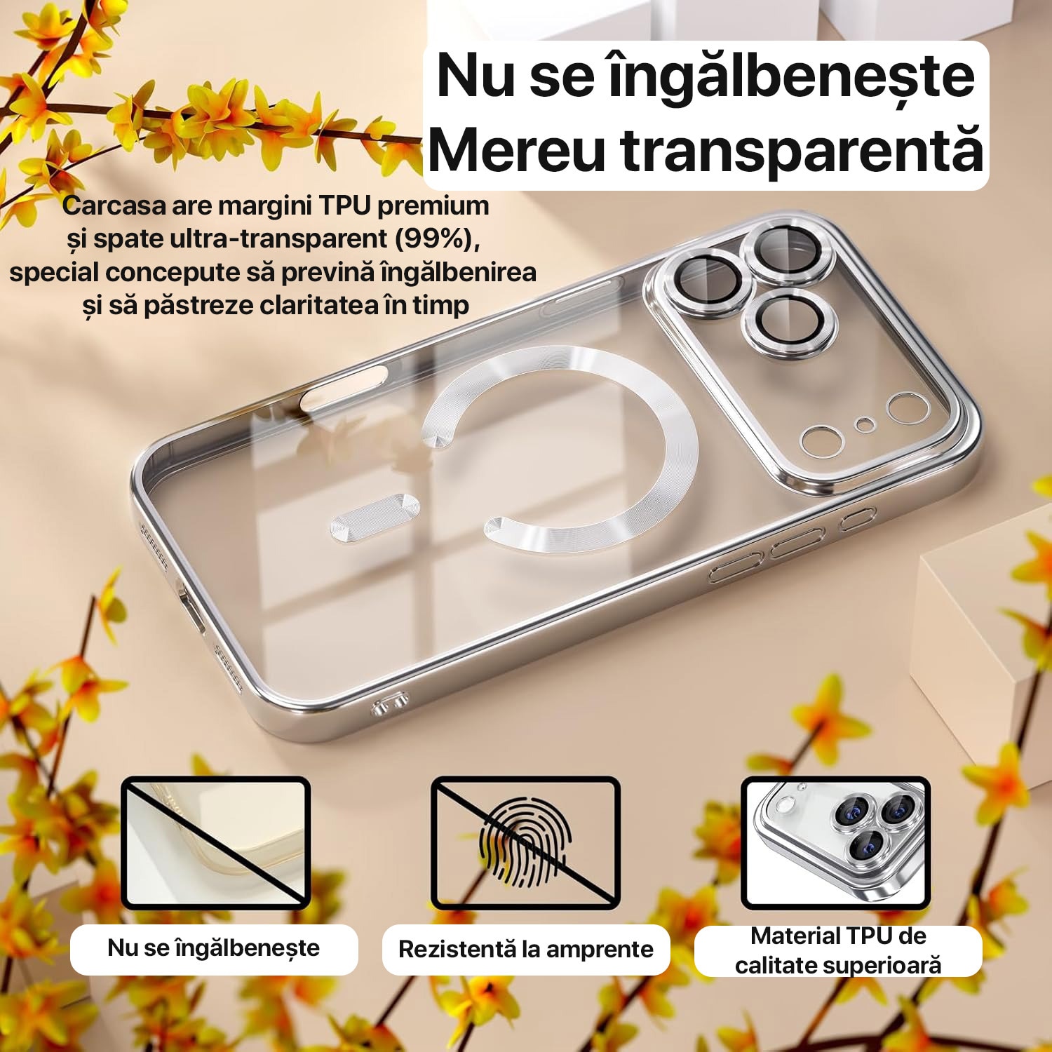 Husa pentru iPhone 17 Pro Max DaDen MagSafe Luxury, Antisoc, Protectie Camera, Margini Metalizate, Transparenta cu Margini Argintii/ Silver