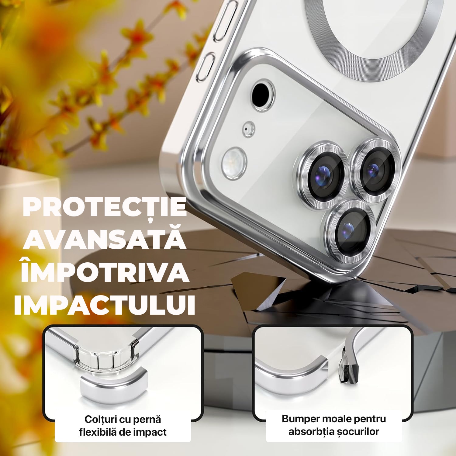 Husa pentru iPhone 17 Pro Max DaDen MagSafe Luxury, Antisoc, Protectie Camera, Margini Metalizate, Transparenta cu Margini Argintii/ Silver
