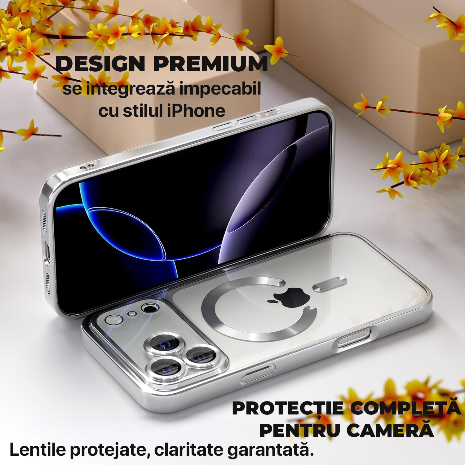 Husa pentru iPhone 17 Pro Max DaDen MagSafe Luxury, Antisoc, Protectie Camera, Margini Metalizate, Transparenta cu Margini Argintii/ Silver