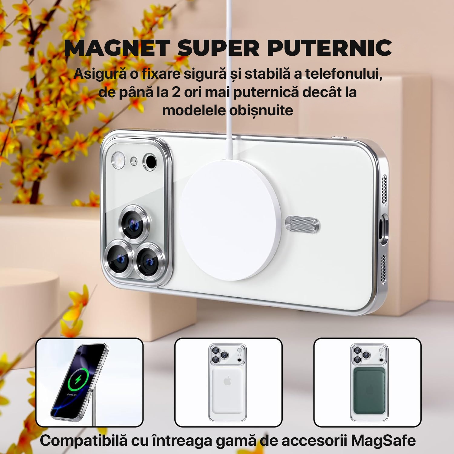 Husa pentru iPhone 17 Pro Max DaDen MagSafe Luxury, Antisoc, Protectie Camera, Margini Metalizate, Transparenta cu Margini Argintii/ Silver