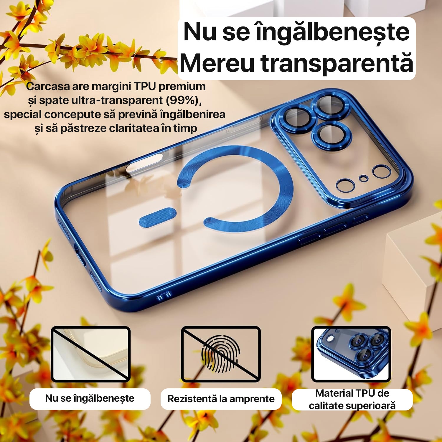 Husă pentru iPhone 17 Pro, DaDen MagSafe Luxury, Antisoc, Transparentă cu Margini Albastre, Slim