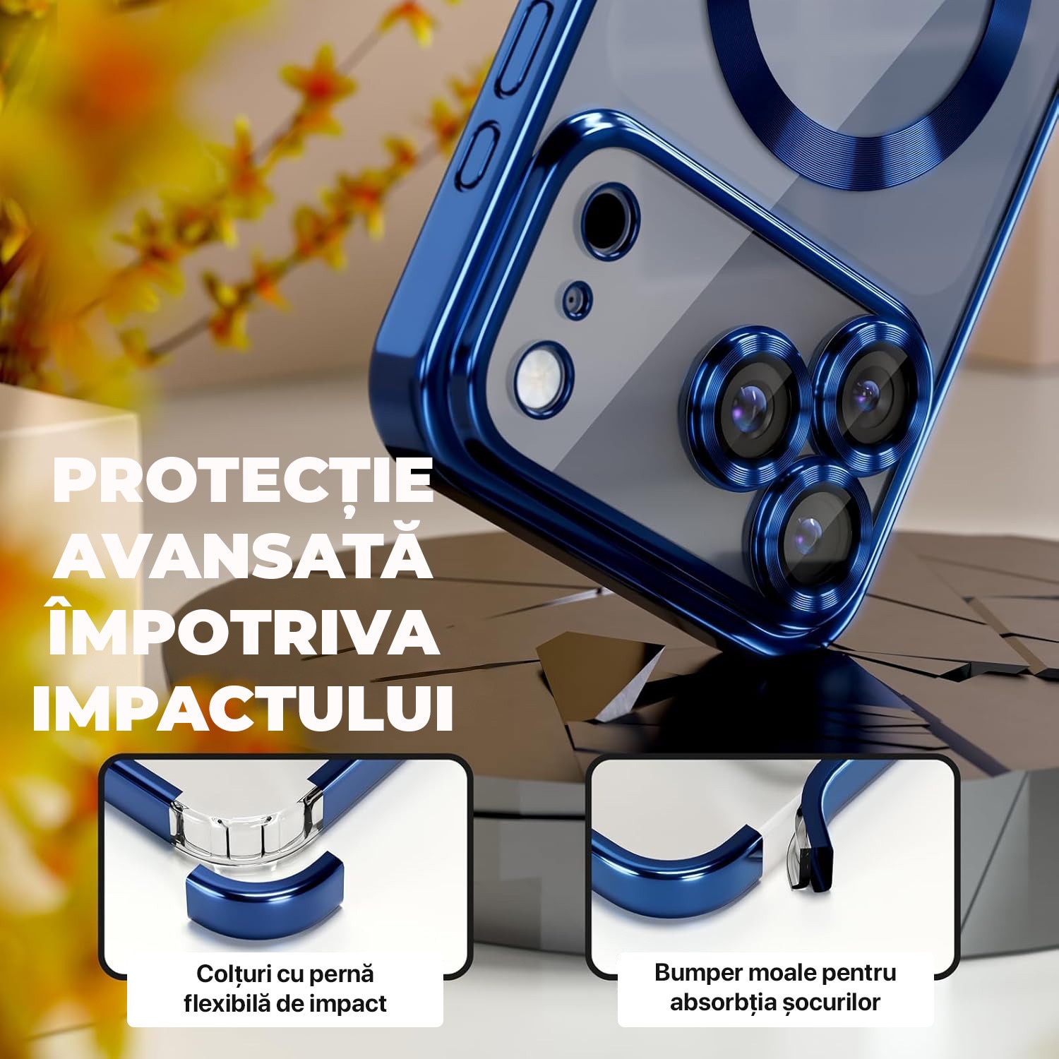 Husă pentru iPhone 17 Pro, DaDen MagSafe Luxury, Antisoc, Transparentă cu Margini Albastre, Slim