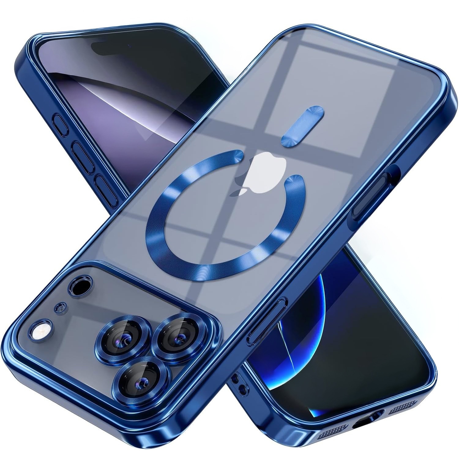 Husă pentru iPhone 17 Pro, DaDen MagSafe Luxury, Antisoc, Transparentă cu Margini Albastre, Slim