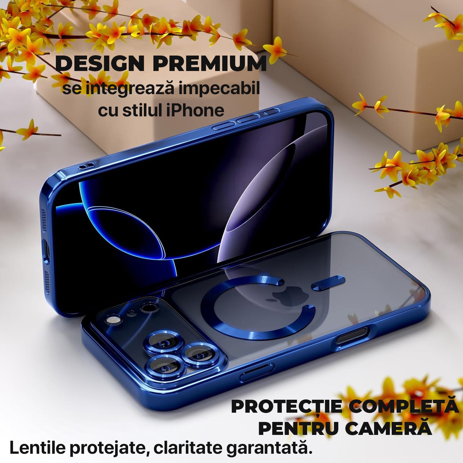 Husă pentru iPhone 17 Pro, DaDen MagSafe Luxury, Antisoc, Transparentă cu Margini Albastre, Slim