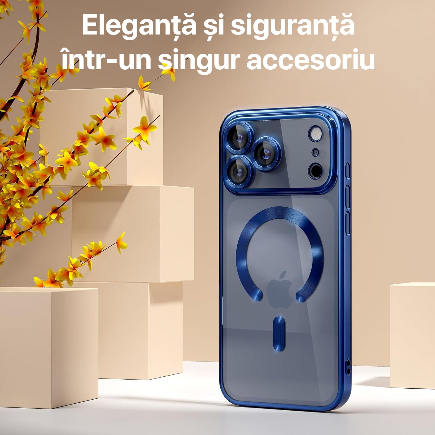 Husă pentru iPhone 17 Pro, DaDen MagSafe Luxury, Antisoc, Transparentă cu Margini Albastre, Slim