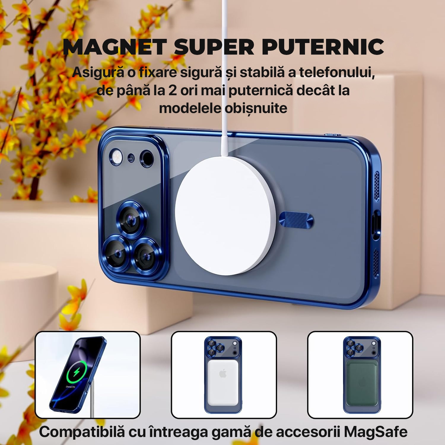 Husă pentru iPhone 17 Pro, DaDen MagSafe Luxury, Antisoc, Transparentă cu Margini Albastre, Slim