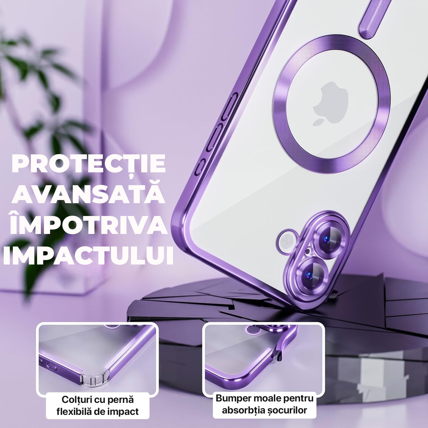 Husa pentru iPhone 17 DaDen MagSafe Luxury, Antisoc, Protectie Camera, Margini Metalizate, Transparenta cu Margini Mov