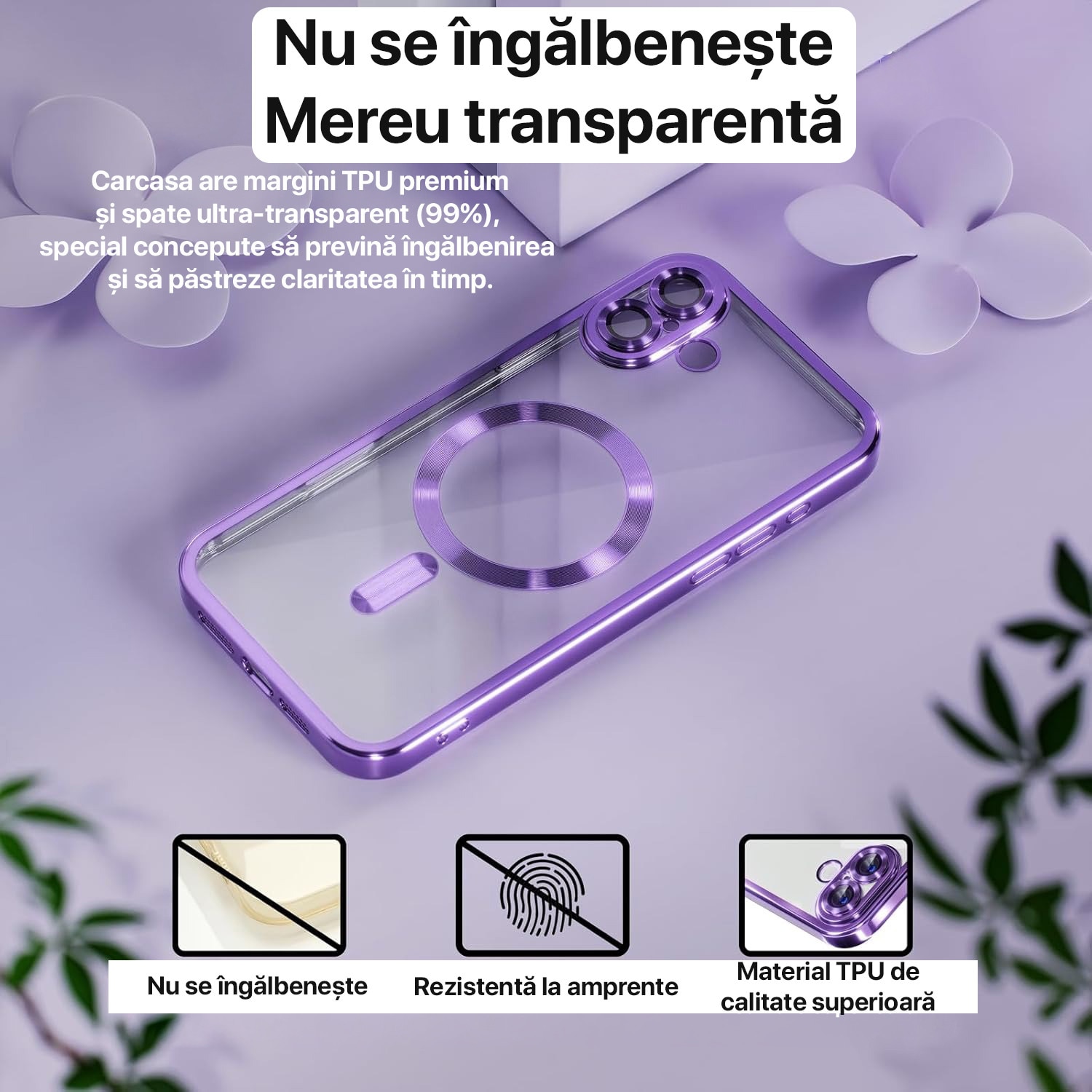 Husa pentru iPhone 17 DaDen MagSafe Luxury, Antisoc, Protectie Camera, Margini Metalizate, Transparenta cu Margini Mov