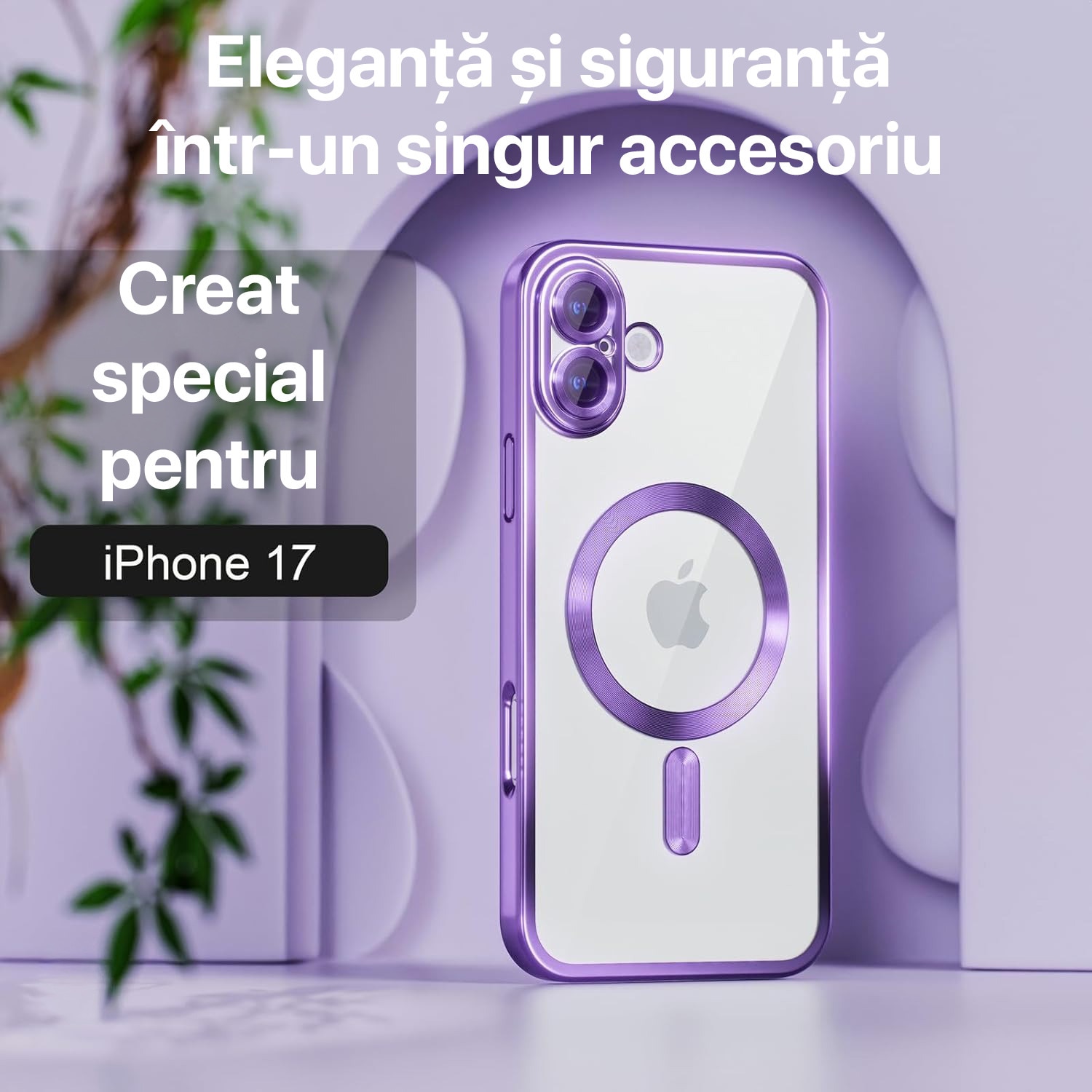 Husa pentru iPhone 17 DaDen MagSafe Luxury, Antisoc, Protectie Camera, Margini Metalizate, Transparenta cu Margini Mov