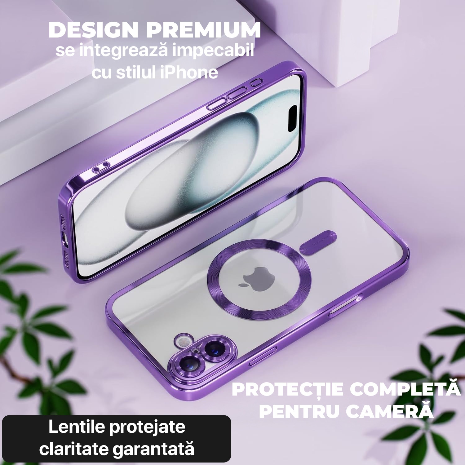 Husa pentru iPhone 17 DaDen MagSafe Luxury, Antisoc, Protectie Camera, Margini Metalizate, Transparenta cu Margini Mov