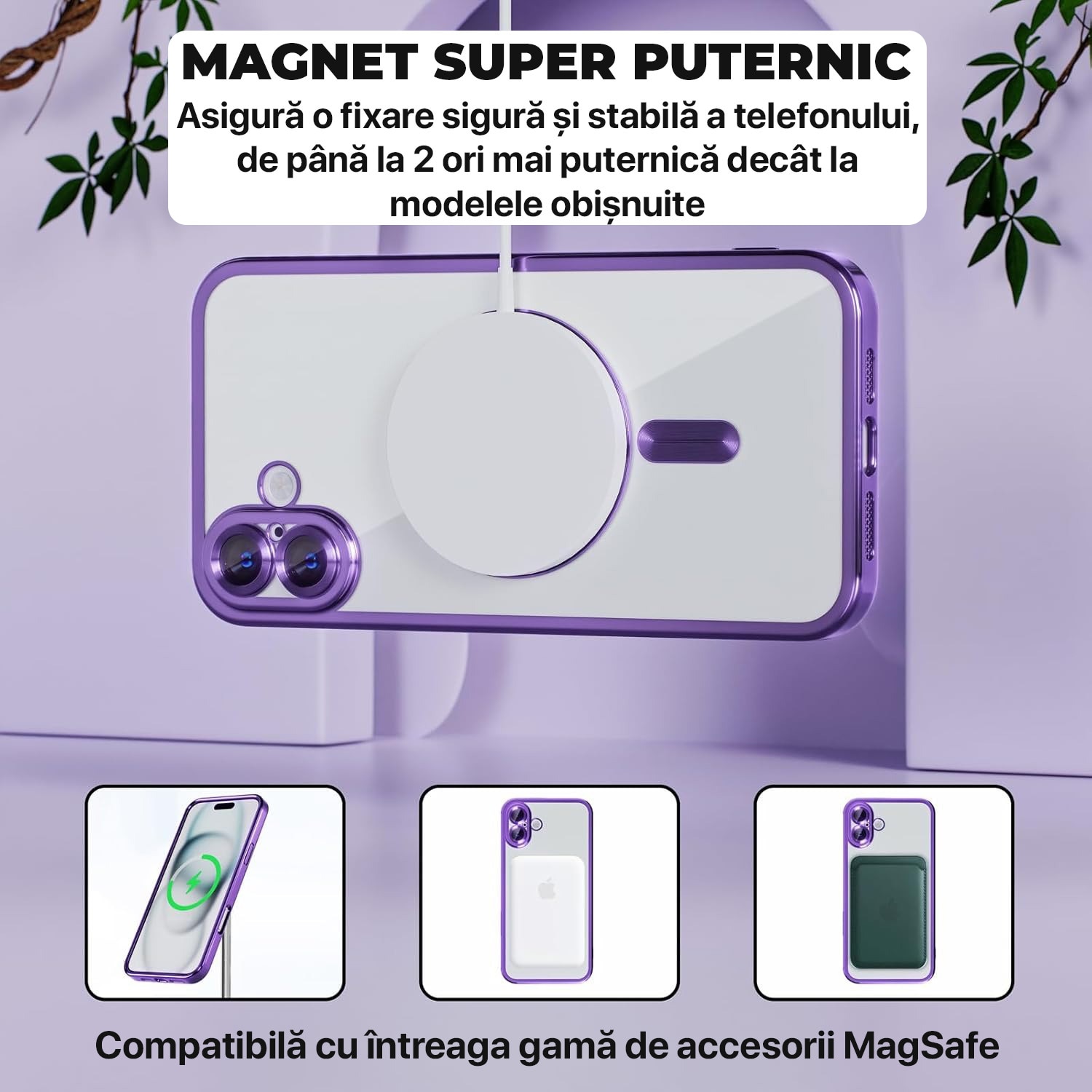 Husa pentru iPhone 17 DaDen MagSafe Luxury, Antisoc, Protectie Camera, Margini Metalizate, Transparenta cu Margini Mov