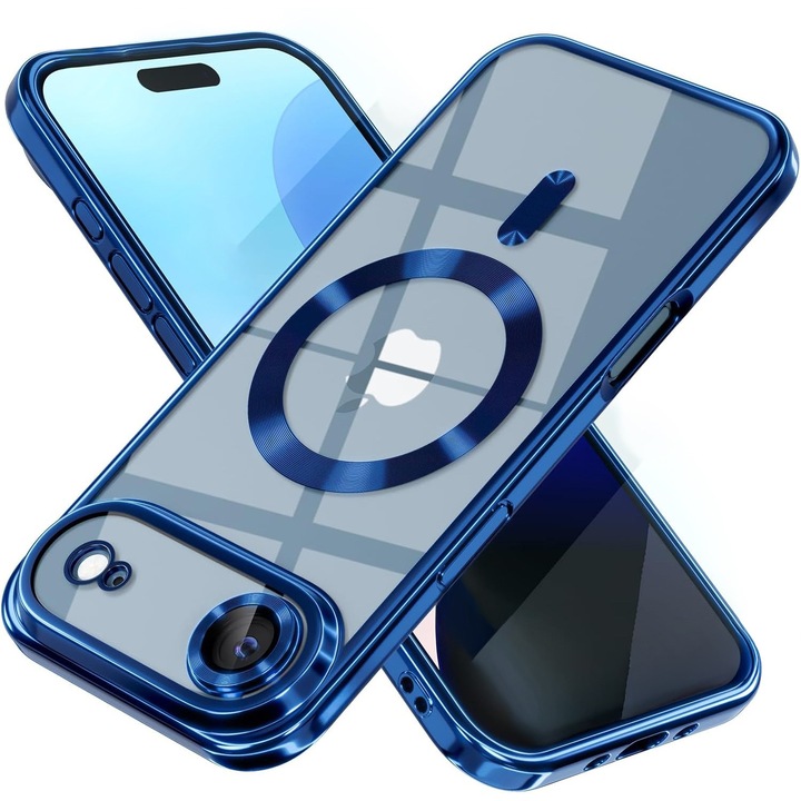 Калъф за iPhone 17 Air DaDen MagSafe Luxury, Противоударен, Защита на Камерата, Метализирани Ръбове, Прозрачен със Сини Ръбове