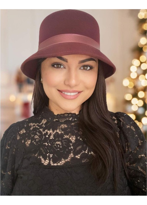 Palarie dama lux cu boruri mici Confortino Paris – Fetru italian 100% lana, Palarie Grena (Burgundy), Marime Unica, Reglabila – Fabricata in Romania