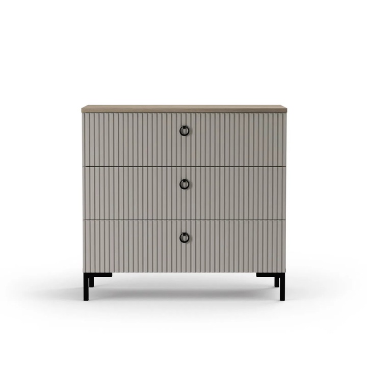 Comoda Expomob DOMINICA, 3 sertare, dimensiune 85,5x41x81 cm, culoare taupe + stejar silverjack