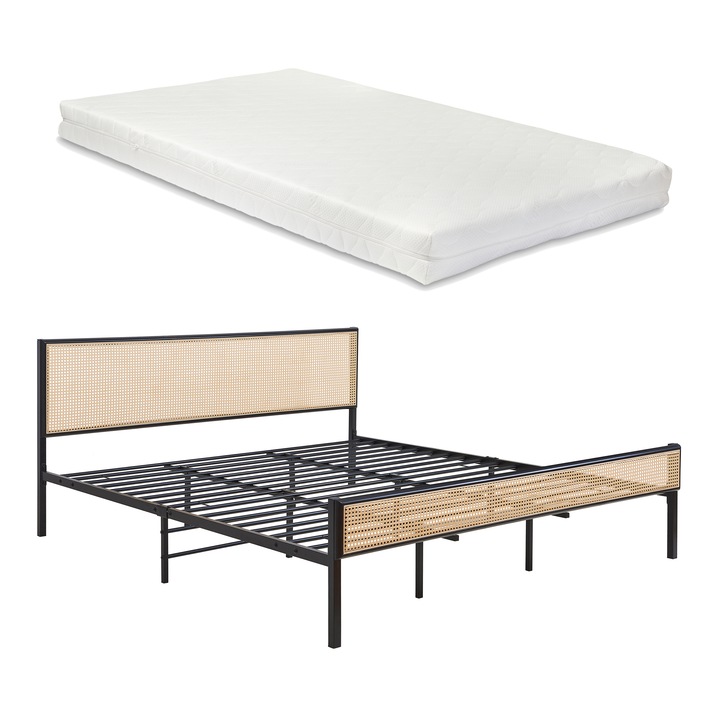 [en.casa] Fém ágy matraccal Linköping 180x200 cm acél műanyag fonat fekete rattan hatású 300 kg