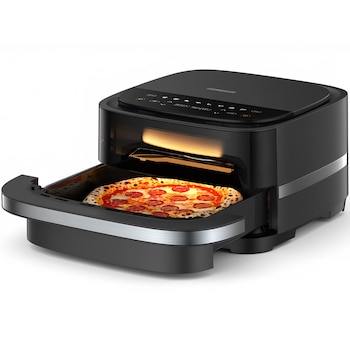 Friteuza cu aer cald si cuptor pizza 2 in 1 Heinner pizza EastFry HPAF-B4DC22BK, 2200W, capacitate 4L si 25.4 diametru pizza, control digital, 9 programe presetate, programe presetate, 40-230 grade, timer 60 min, negru