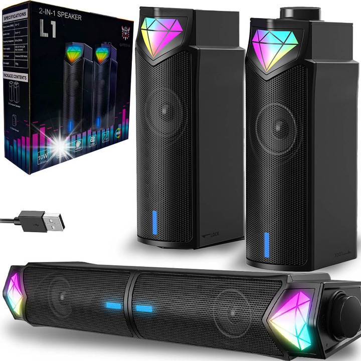 Гейминг колонка Onikuma L1, Bluetooth 5.3, RGB, 10W, черна, 20x6,5x9,5см