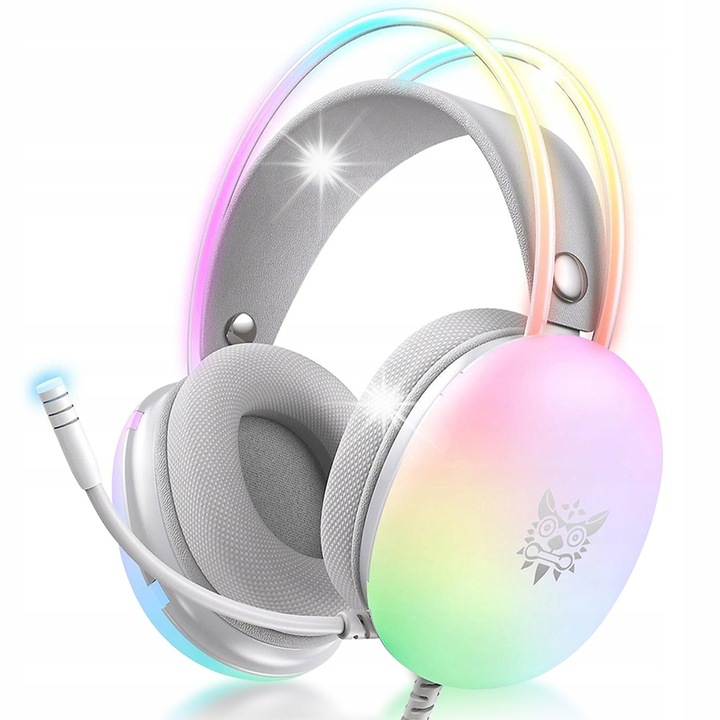 Геймърски слушалки Onikuma X25, бели, 50 мм, с микрофон, RGB осветление, комплект с адаптер 2x мини жак към 1x мини жак