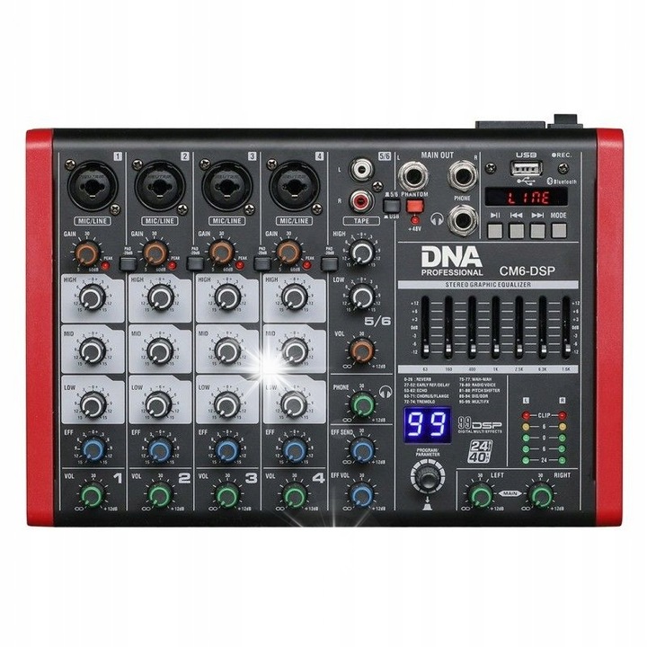 Аналогов аудио миксер 6 канала с Bluetooth и MP3, DNA CM6-DSP, 27x18x6см, Phantom +48V