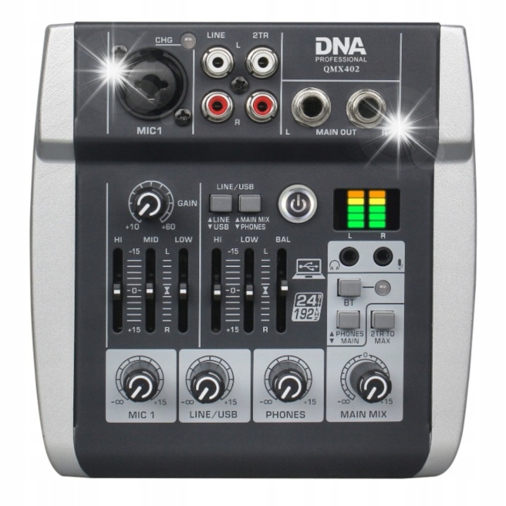 Аналогов аудио миксер DNA QMX402, 3 канала, Bluetooth, USB-C, батерия 2500 mAh, 15,1x14,5x5см
