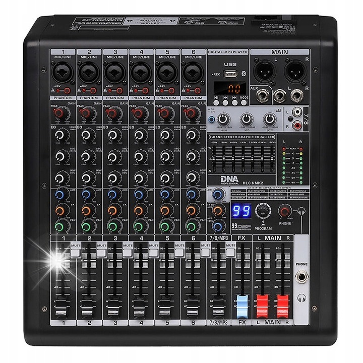 Аналогов аудио миксер DNA HLC 6 MK2, 6 канала, USB, Bluetooth, 33x35.5x8.7cm, пълен комплект