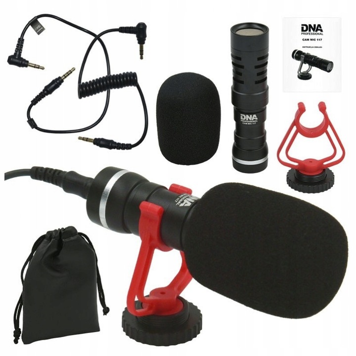 Насочен микрофон за камера DNA, CAM MIC 117, 3.5мм, с калъф, ветрозащита, TRS-TRS и TRS-TRRS кабели, размери 22x81мм