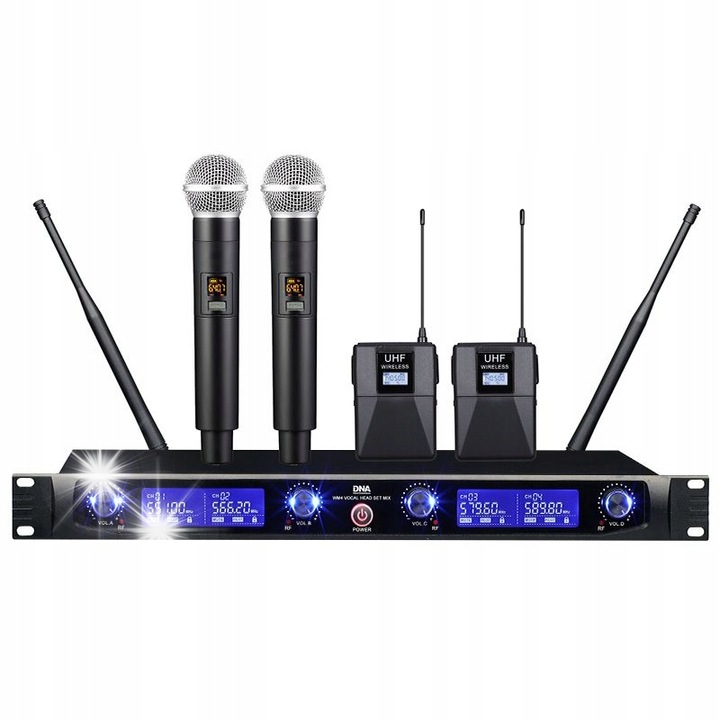 Комплект безжични микрофони DNA WM4 VOCAL HEAD SET MIX, 2 ръчни микрофона и 2 микрофона за глава, динамични, 8 часа автономност, UHF