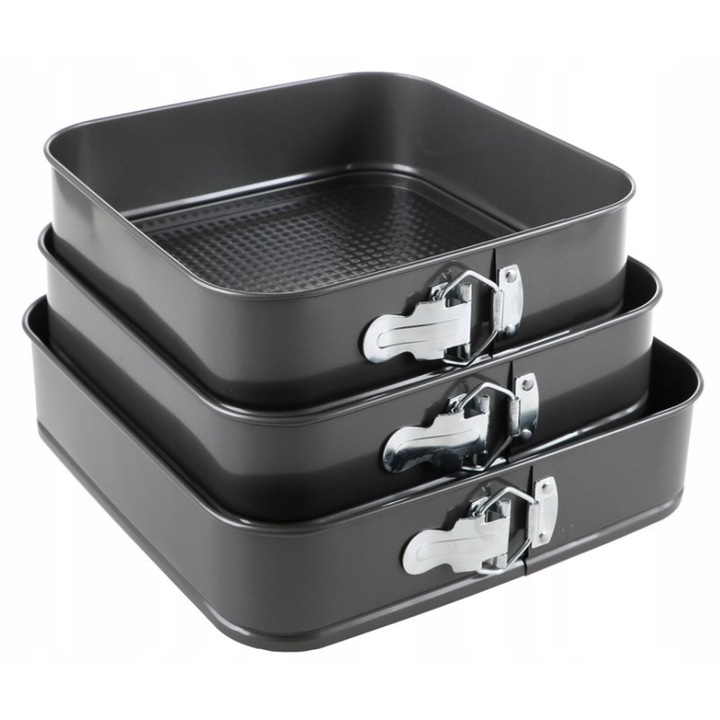 Set 3 tavi pentru copt prajituri/tort, Material otel carbon, Fund detasabil, Calitate Premium, Dimensiuni 24/26/28 cm, KOTYS®, Negru