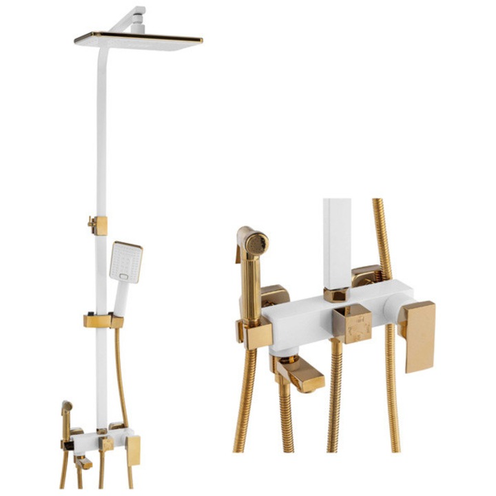 Set baterie dus S-1067 cu para patrata, montare perete, 4 functii de curgere a apei, dus tip, alb/auriu
