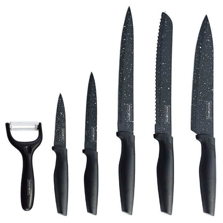 Cutite de bucatarie Royality Line MB5 cu invelis de marmura, set de 5 cutite cu decojitor