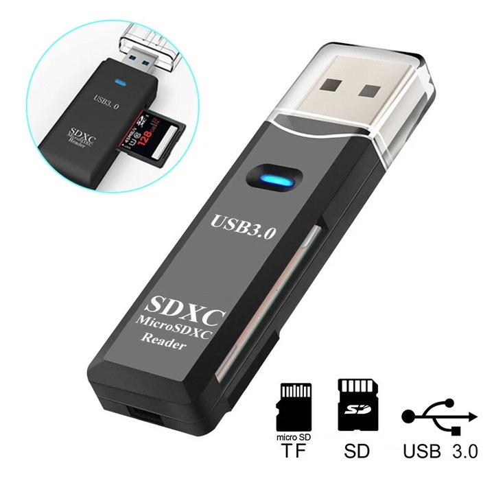 Cititor carduri 2 in 1 USB 3.0, viteza transfer 5Gbps, plug & play, adaptor multifunctional cu 2 sloturi pentru SD, TF, MicroSD, SDHC, SDXC, compatibil laptop, PC, Macbook, Linux, accesorii computer, culoare negru