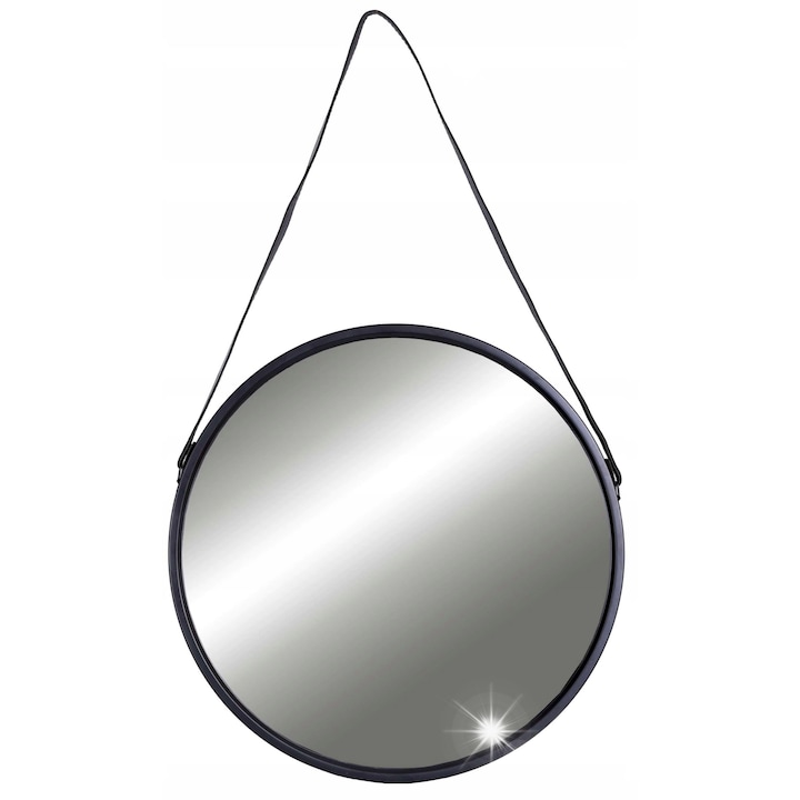 Кръгло огледало Gockowiak, 60 см, черно, с метална рамка и каишка от еко кожа