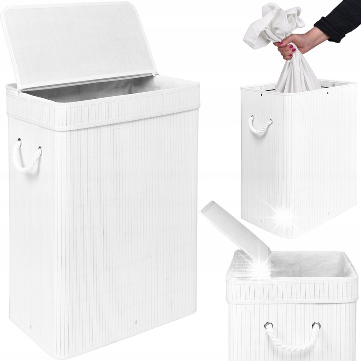 Кош за пране GMM Group, 80L, бамбук, бял, с капак и дръжки от въже, 60x52x33см