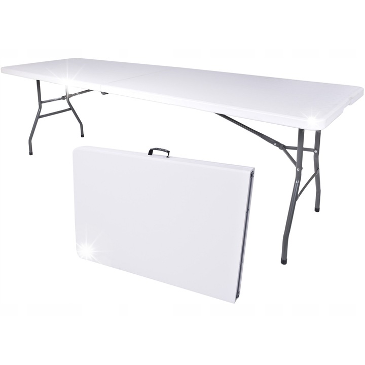 Сгъваема кетъринг маса, 240 см, бяла, с дръжки за носене, товароносимост 150 кг