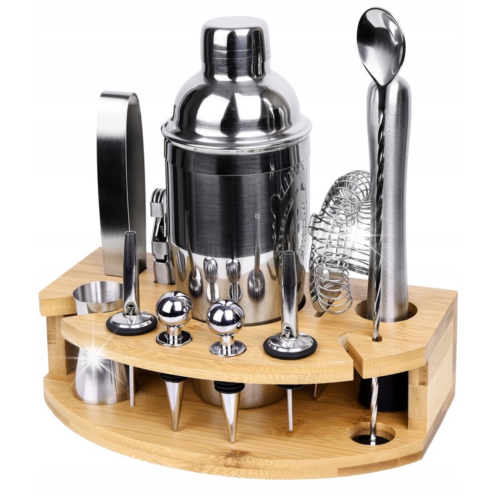 Комплект за бармани, 12 части, инокс, бамбукова поставка