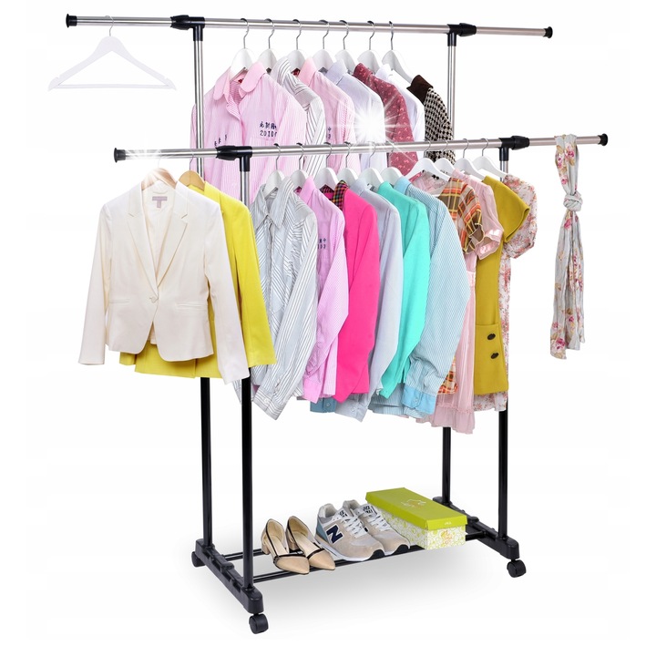 Suport pentru umerase, GMM Group, dublu, cu roti, suport pentru incaltaminte, 89-130x92-155cm, negru