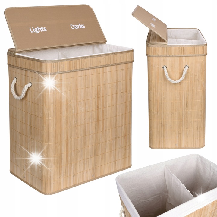 Кош за пране от бамбук GMM Group, 100L, 2 отделения, натурален, 60x52x32см