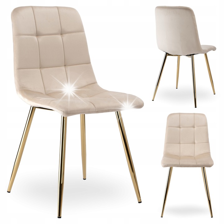 Тапициран стол от бежов велур Денвър, златни метални крака, модерен дизайн, размери 86x44x55см