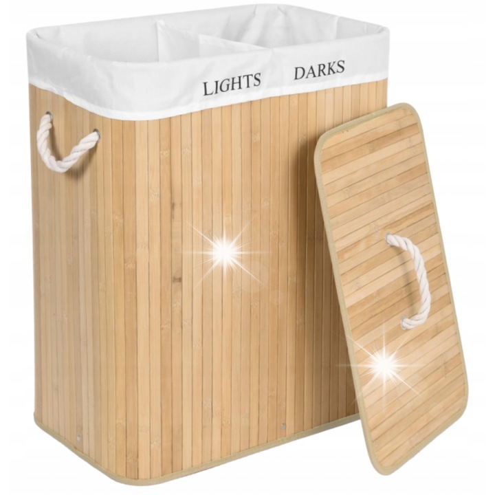 Кош за пране от бамбук Gockowiak, 100L, с капак, 60x52x32см, за бяло и тъмно пране