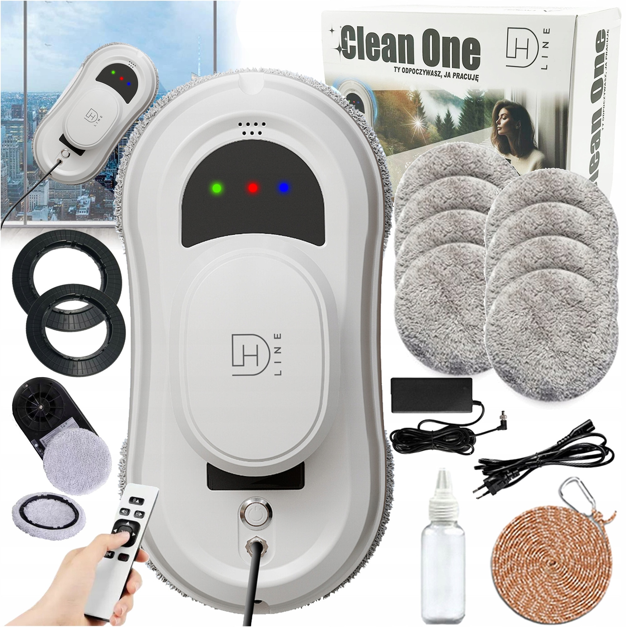 Robot de curățat geamuri, DH LINE CLEAN ONE, control prin telecomandă, 29,5x14,5x10,8 cm, alb