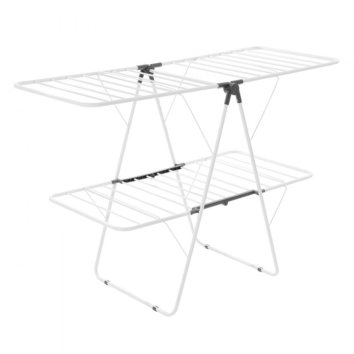 Ruhaállvány, Összecsukható, 2 Szintű, Zoknicsipeszeket Tartalmaz, 31 Szárítórúd, Fehér Szín