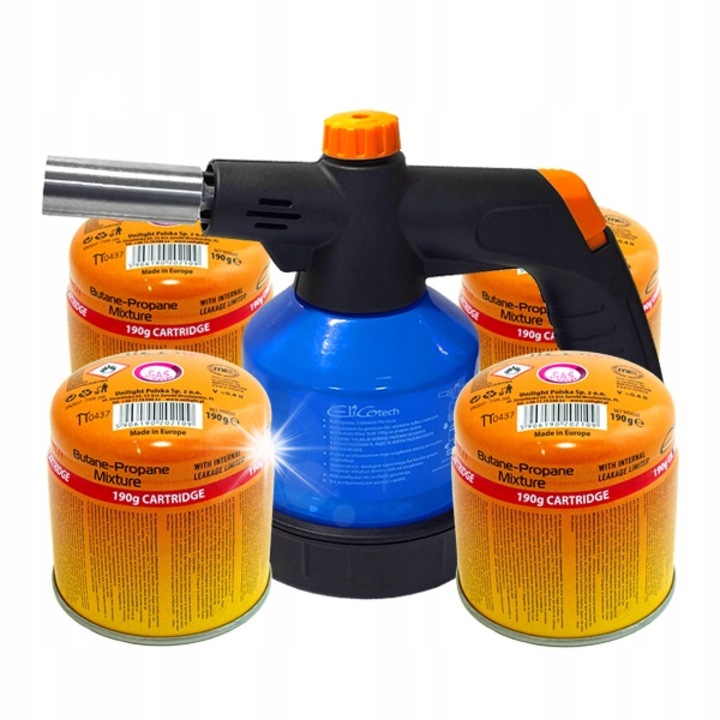 Поялник ELICOTECH с 4 газови патрона 190гр, бутан, 1300°C, 1.68кг, 18x12.6см