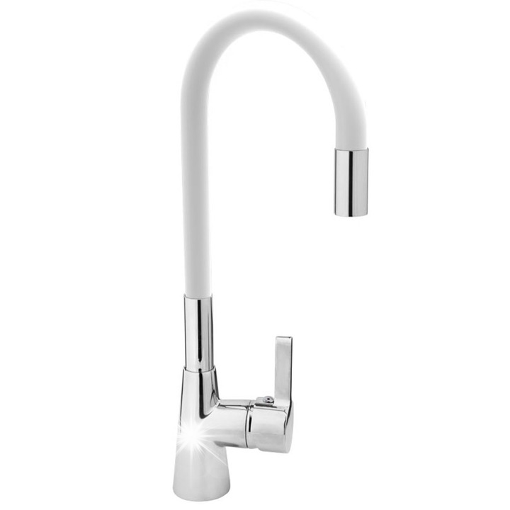 Санитарен смесител Fala, модел 75706, с бял гъвкав чучур, 2 свързващи маркуча