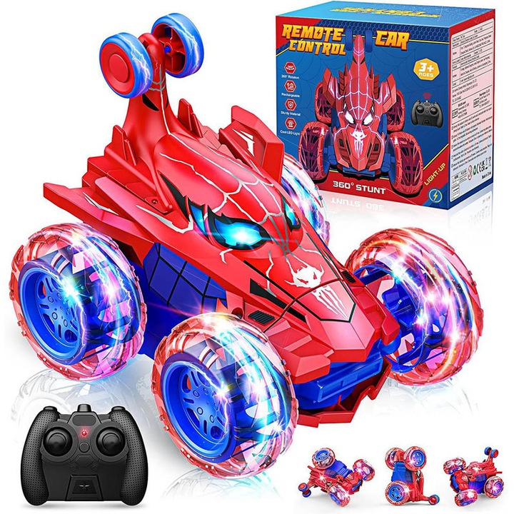 Кола с дистанционно управление Spider, 2.4GHz, въртене на 360°, LED, червено/синьо