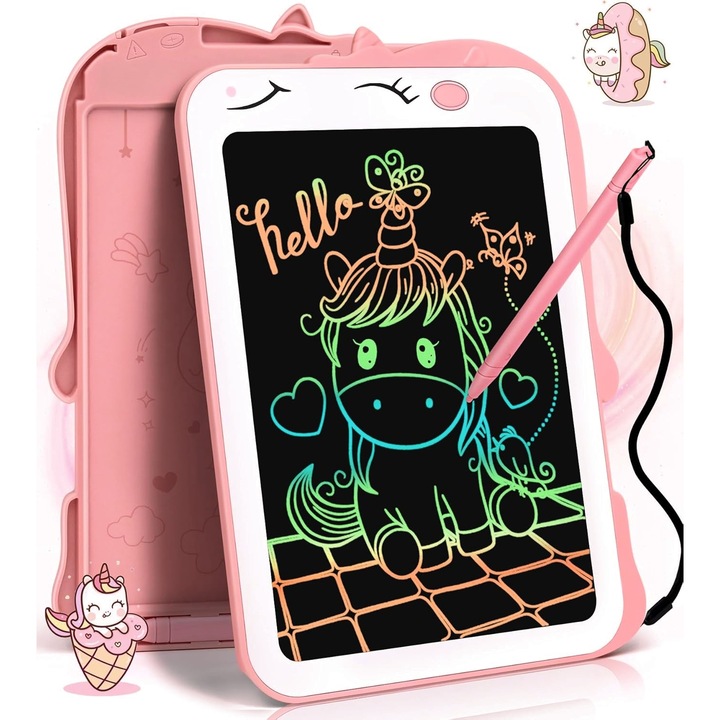Tableta LCD de desen si scris pentru copii, 8,5 inci, ecran color, forma de unicorn, potrivita pentru copii de 3+ ani, roz
